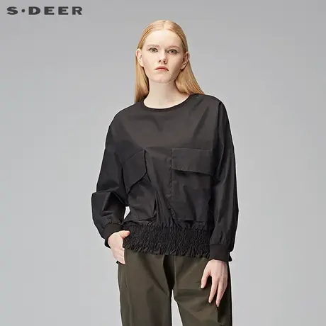 sdeer圣迪奥2018秋装宽松束腰口袋圆领长袖衬衫上衣女S17360586图片