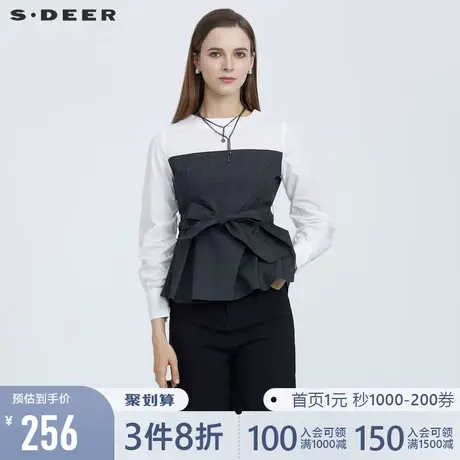 sdeer圣迪奥夏装圆领撞色格纹拼接收腰长袖衬衫S21260502图片