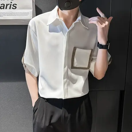 夏季男士修身2023新款潮流五分袖短袖中袖发型师潮牌衬衫白衬衣商品大图