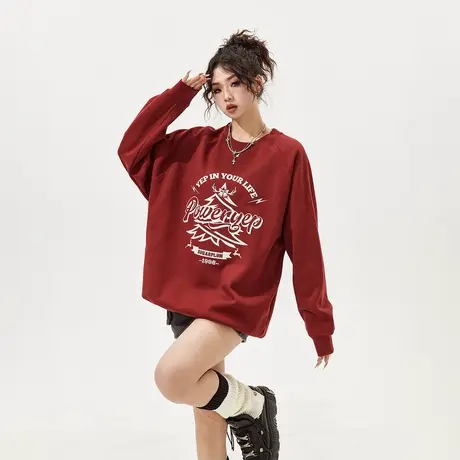 YEP复古酒红色套头卫衣女春秋2024新款潮牌宽松无帽圆领上衣图片