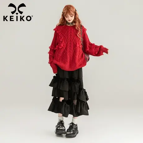 KEIKO 新年系列蕾丝花边扭花红色毛衣早春软糯粗针宽松针织衫图片