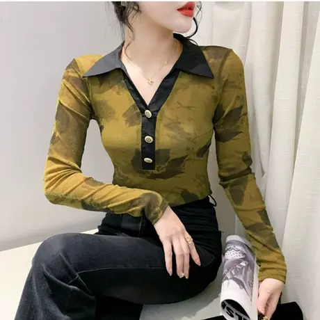 欧货复古网纱印花设计感V领长袖洋气减龄内塔上衣女修身T恤打底衫商品大图