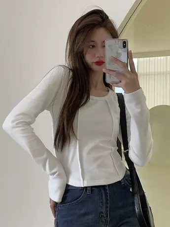 长袖T恤女秋季2023新款女装纯色设计感修身鱼骨线洋气打底衫上衣商品大图