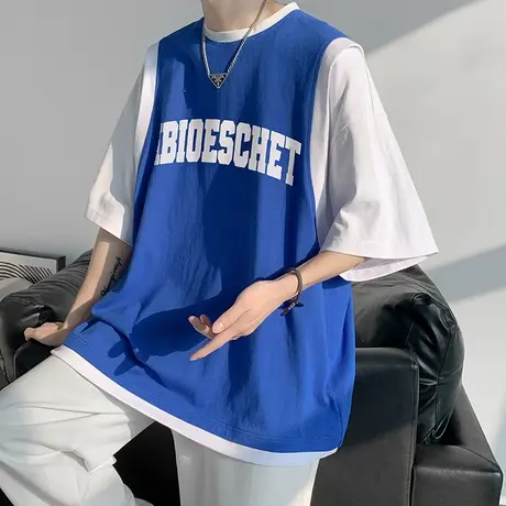 假两件短袖t恤男夏季潮牌宽松圆领字母印花衣服港风撞色拼接半袖t商品大图