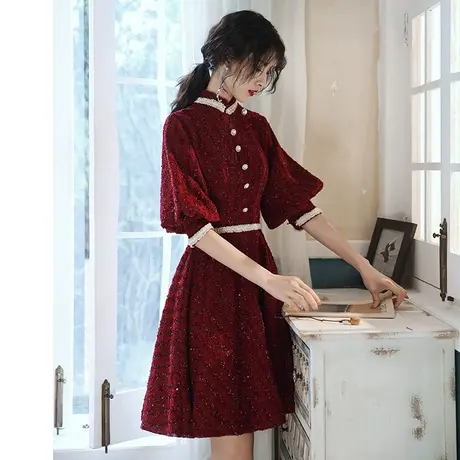 敬酒服酒红色平时可穿新娘结婚礼服订婚连衣裙夏季小个子回门便装商品大图
