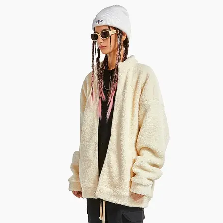 Nuthink美式立领开衫拉链杏色摇粒绒卫衣潮牌男春季保暖外套商品大图