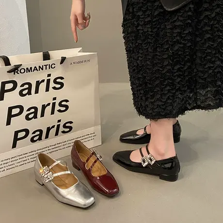 法式黑色水钻一字扣带jk鞋子方头玛丽珍女鞋中跟高跟鞋女粗跟单鞋商品大图