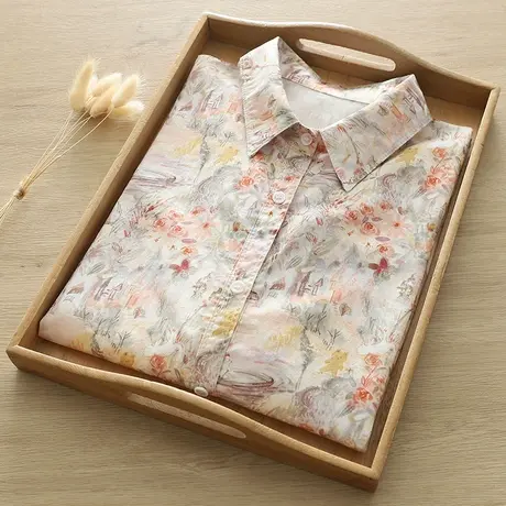 春秋季韩版小清新彩绘水墨画纯棉长袖衬衫女宽松百搭打底上衣外套商品大图