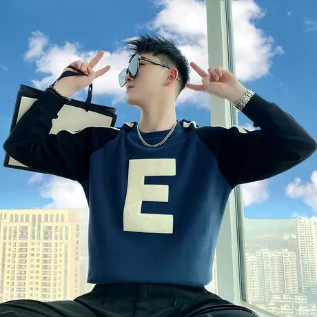 卫衣t恤男春季2024新款潮牌撞色拼接上衣男装重磅拼接字母T恤长袖商品大图