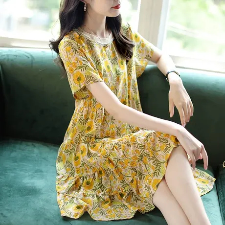 宝诗黎碎花百褶裙宽松薄款连衣裙女夏季2023短袖减龄雪纺新款裙子图片