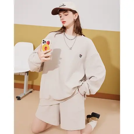 a02春款2024刺绣华夫格休闲运动套装长袖上衣短裤女式套装商品大图