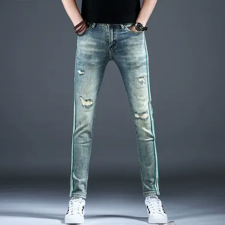 2024新款春秋季复古做旧破洞牛仔裤男款小脚修身弹力美式高街裤子商品大图