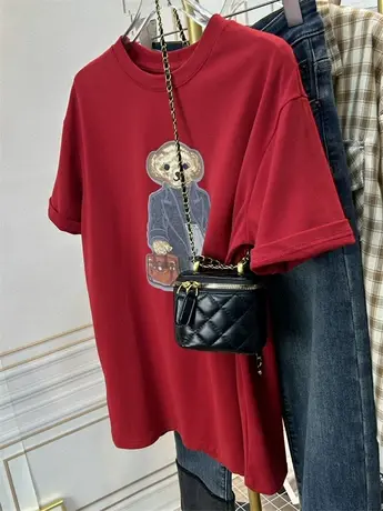 韩系小熊印花T恤女设计感小众磨毛棉质慵懒宽松休闲短袖上衣春秋商品大图