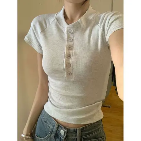 超火cec辣妹短款半袖T恤女夏季百搭韩版修身打底小衫纽扣短袖上衣商品大图
