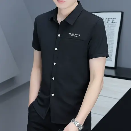 夏季冰丝薄款刺绣字母短袖衬衫男士高级垂感休闲上衣半袖衬寸衣服商品大图