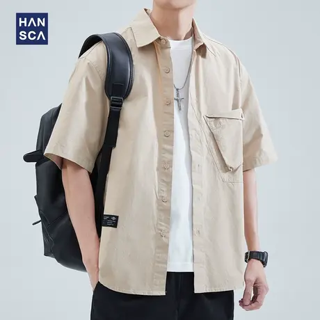hansca短袖衬衫男高级感2023年夏季潮牌美式宽松休闲胸袋衬衣外套商品大图