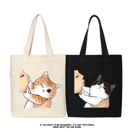 可爱拒绝亲吻猫咪单肩包斜挎包手拎包帆布包手提袋托特包大容量商品大图