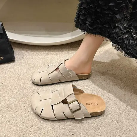 网红白色平底拖鞋女夏季外穿2024新款超火复古ins潮轻便包头半拖商品大图