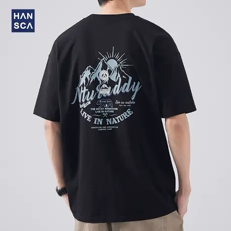 hansca 短袖t恤男2024新款夏季纯棉宽松字母印花青少年休闲打底衫商品大图