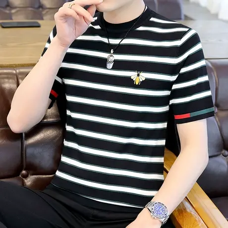 夏天条纹冰丝针织短袖T恤男生潮流圆领薄款打底衫刺绣小蜜蜂半袖商品大图