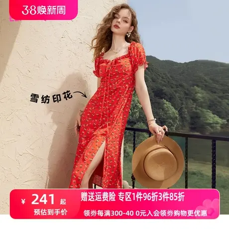 妖精的口袋红色雪纺碎花连衣裙女2023夏季新款方领性感气质显瘦潮商品大图