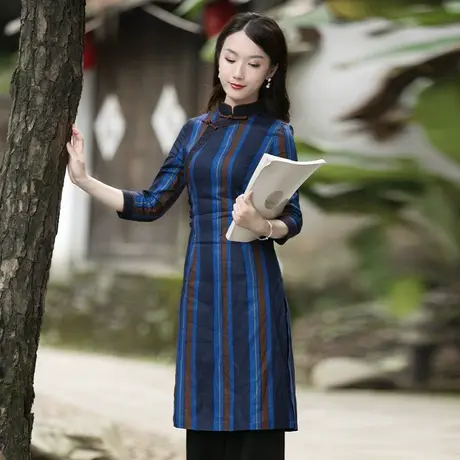 筠雅唐装女中国风旗袍式上衣长款改良中式素雅文艺茶服民族风女装图片