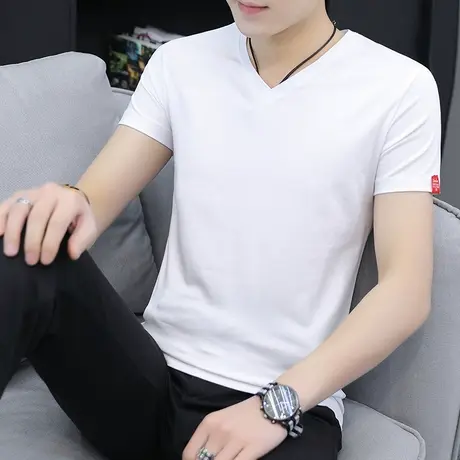短袖t恤男夏季V领半袖体恤夏装纯色T桖血男装潮牌潮流白色上衣服商品大图