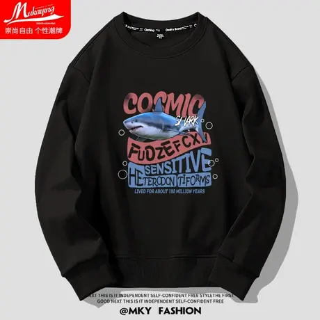 欧美高街潮牌复古鲨鱼字母印花卫衣男圆领黑色秋季薄款长袖套头衫商品大图