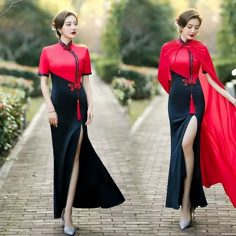 高端走秀长旗袍2023年新款大长飘模特舞台演出队服长款大码中国风商品大图