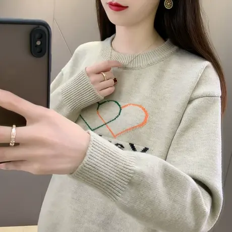 女士毛衣女冬加厚秋装2023新款宽松内搭爱心圆领针织上衣打底衫女图片