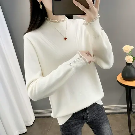 毛衣女2023年秋冬新款短款针织衫宽松内搭加厚半高领蕾丝打底衫女图片