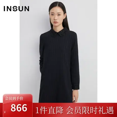 恩裳2022冬季时尚钉珠设计直筒百搭黑色羊毛连衣裙女图片