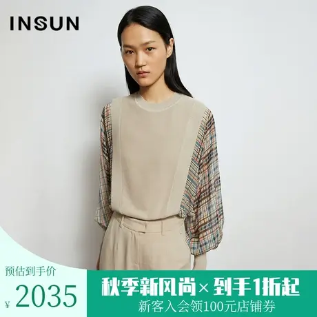 恩裳秋季商场同款时尚简约格纹拼接假两件毛针织衫女宽松图片