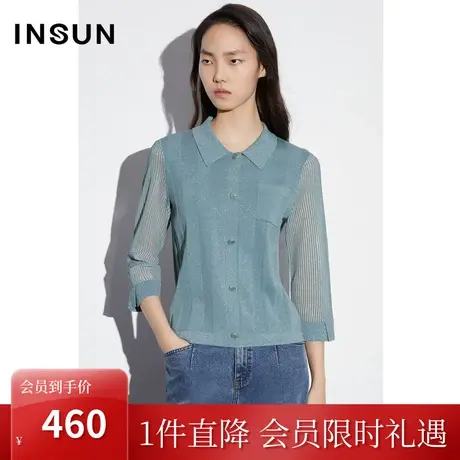 恩裳COVER2023春款新款天然环保黑科技抑菌简约翻领七分袖针织衫图片