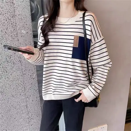 毛衣2023新款圆领条纹针织衫秋季洋气宽松长袖打底衫设计感上衣女商品大图