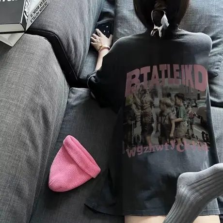 美式复古短袖t恤女2023年新款夏季宽松水洗做旧中长款纯棉上衣潮商品大图