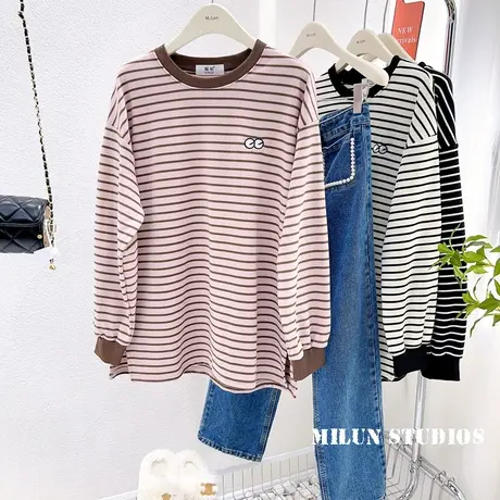 韩国东大门眼睛德绒加厚长袖T恤粉条纹磨毛上衣中长款打底衫大码商品大图