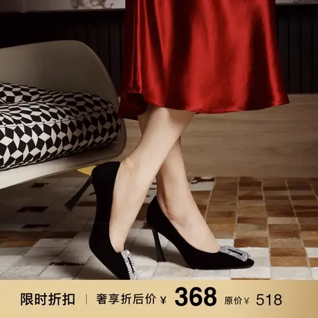 熙漫2023秋冬新款水钻高级感绒面单鞋法式气质礼服黑色超高跟鞋女商品大图