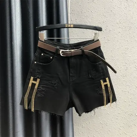 欧货重工金属装饰牛仔短裤女2023秋季新款网红破洞宽松显瘦阔腿裤商品大图