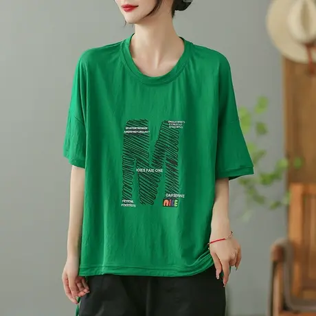 dza白色字母短袖T恤女2023夏季薄款圆领打底体恤休闲宽松套头上衣商品大图