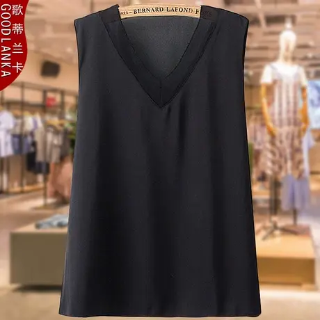 中年胖妈妈夏装上衣新款宽松加肥加大码时尚洋气V领仿真丝背心T恤商品大图