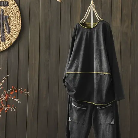 枫谜2020年秋装新款文艺复古拼色长袖卫衣女宽松休闲显瘦套头上衣图片