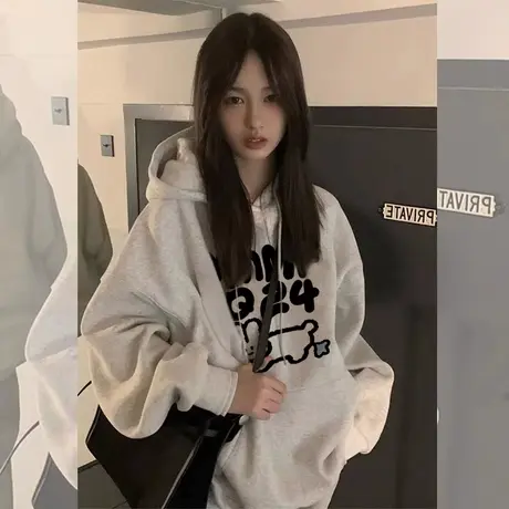 美式复古hiphop卫衣女2023春秋薄款oversize慵懒风连帽小个子外套商品大图