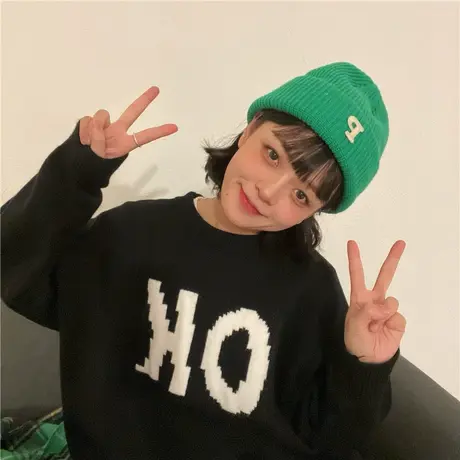 红续字母黑色加厚毛衣女小个子慵懒风保暖针织衫2023年秋冬新款图片