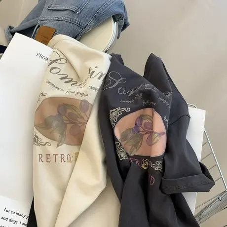 美式复古花朵字母印花圆领短袖t恤女夏宽松显瘦慵懒风上衣学生潮图片