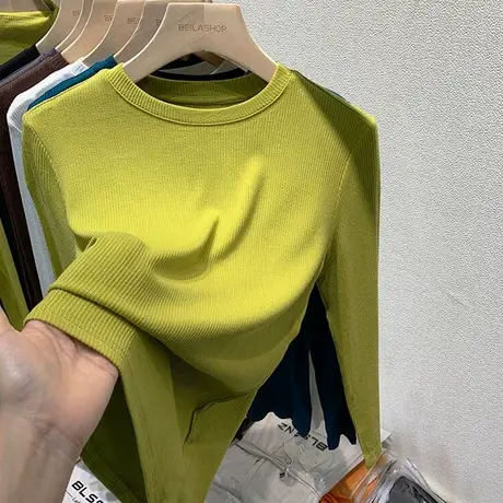 欧货时尚螺纹圆领长袖t恤女上衣2022新款春秋修身内搭薄款打底衫图片