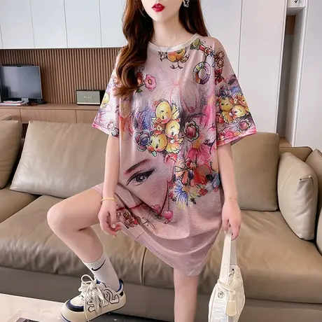 设计感小众短袖t恤女夏装韩版宽松大码中长款休闲中国风连衣裙子图片