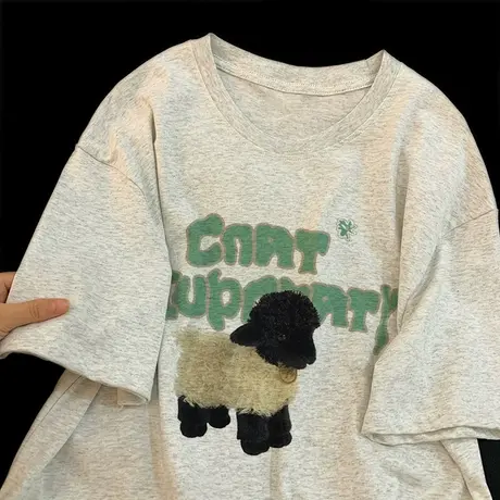 纯棉灰色短袖t恤女夏季oversize潮牌美式复古设计感小众半袖上衣商品大图