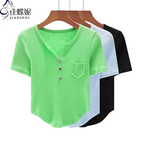 夏季新款韩版圆领纯棉修身燕尾纯欲纯色短袖体恤上衣内搭女打底衫商品大图