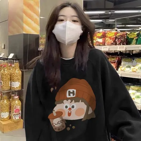 落肩卫衣女小个子宽松慵懒风春秋oversize艺术生奶甜外套上衣潮图片